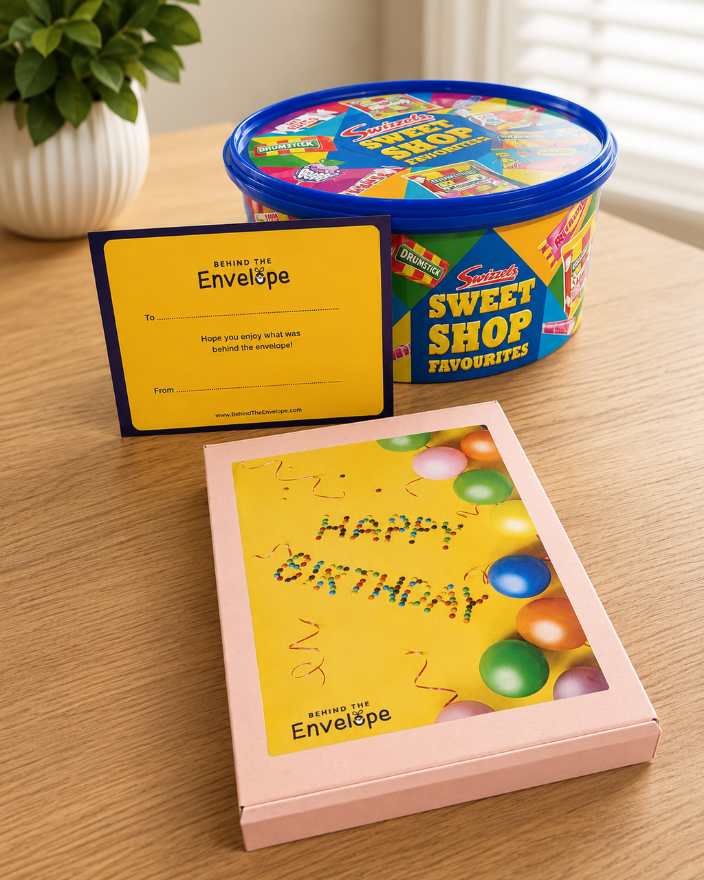 Pink Happy Birthday letterbox gift box with Swizzels sweets and gift message card