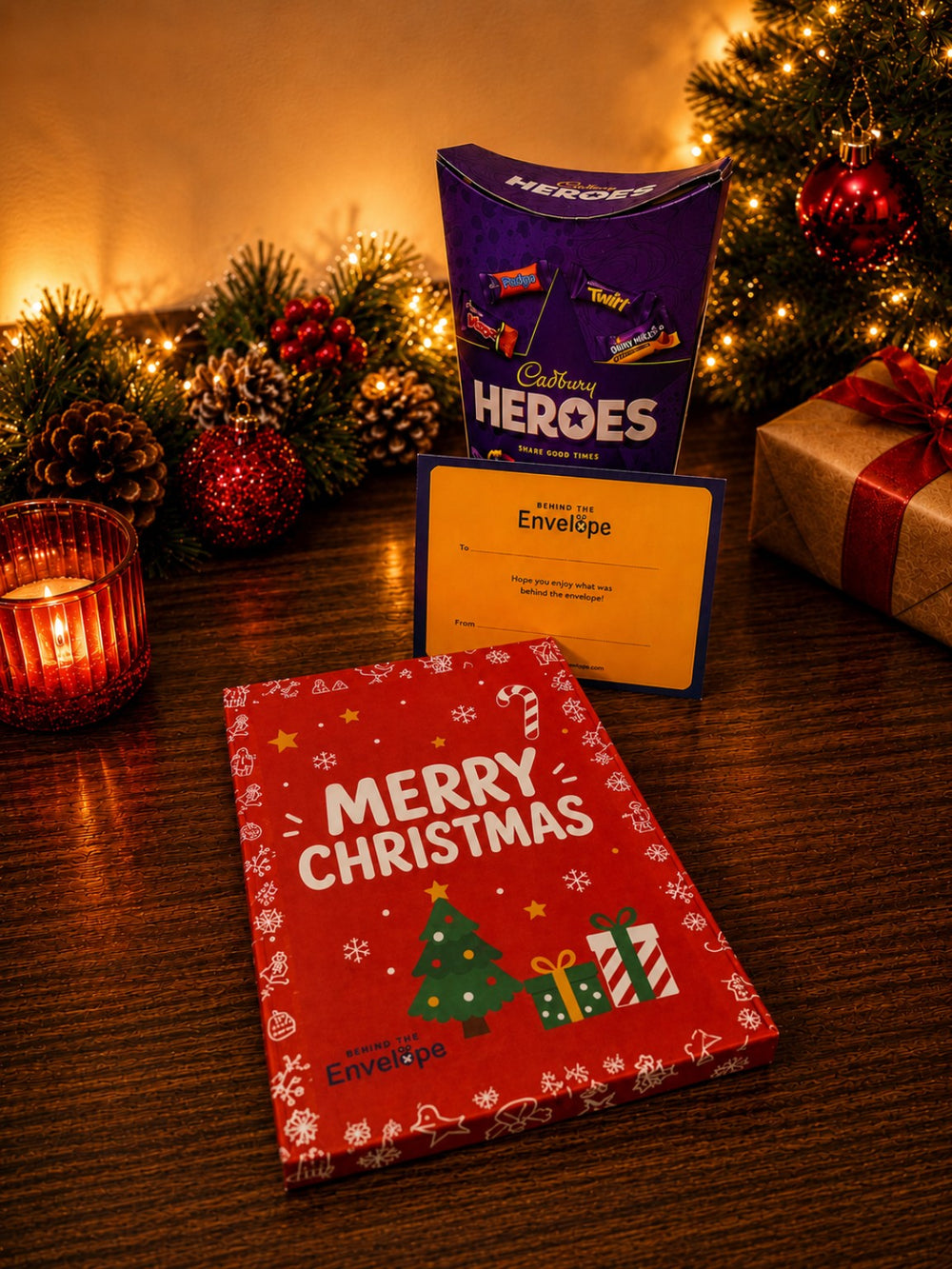 Behind The Envelope Merry Christmas gift box with Cadbury Heroes and personalised gift card