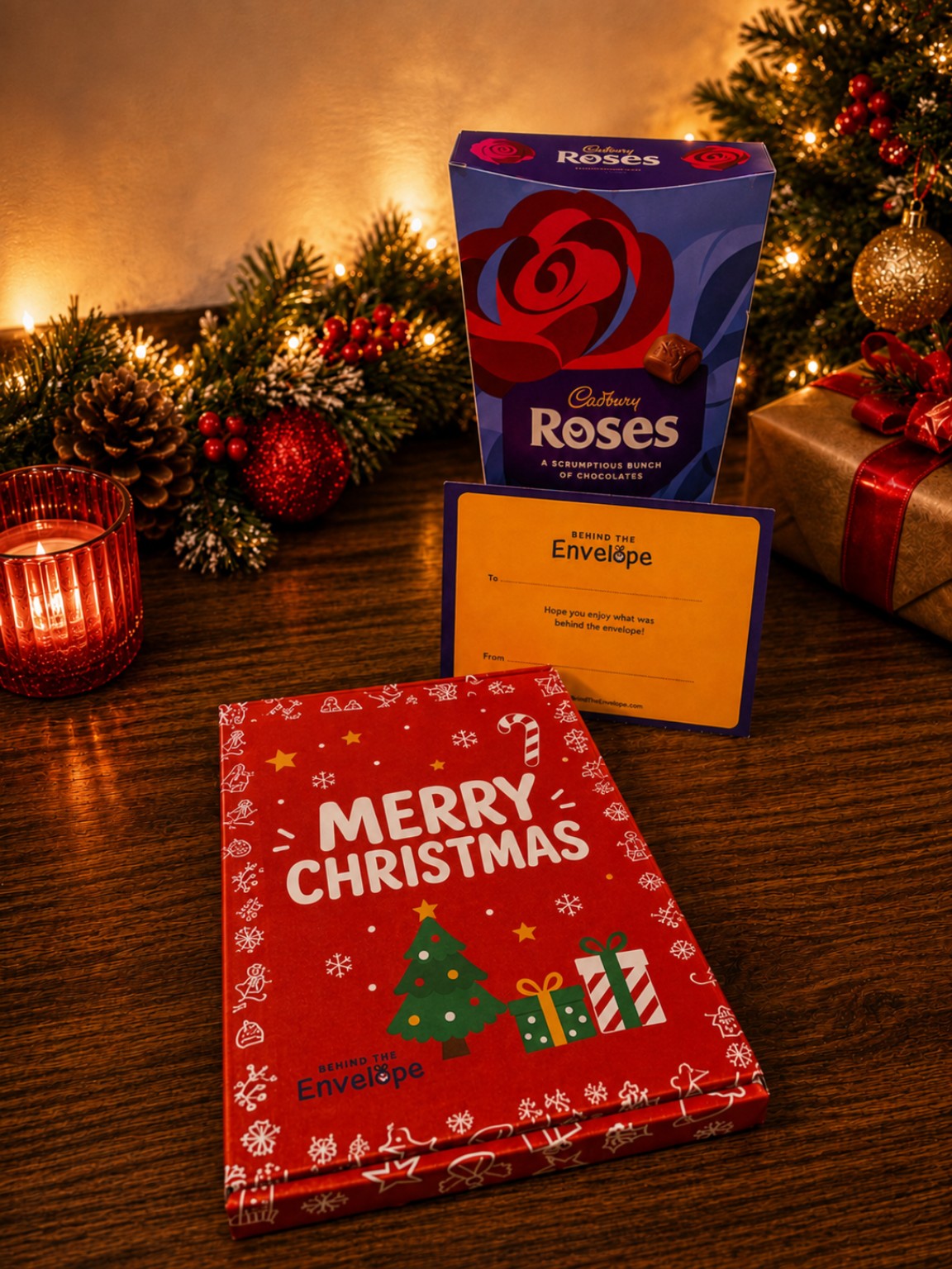 Behind The Envelope Merry Christmas gift box with Cadbury Roses and personalised gift card