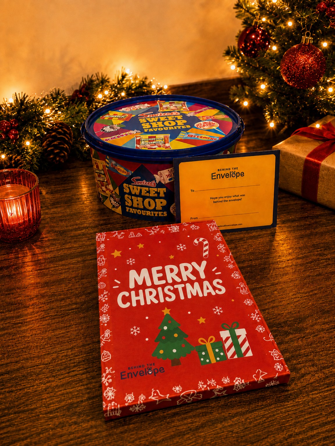 Behind The Envelope Merry Christmas gift box with Swizzels Sweet Shop Favourites and personalised gift card